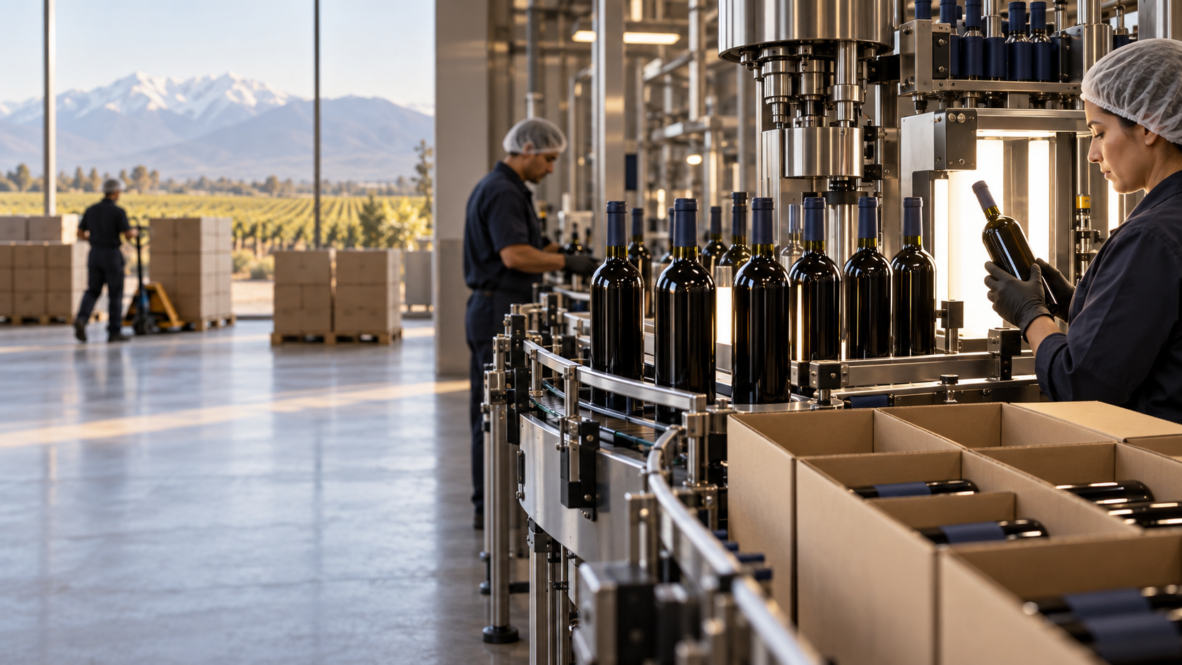 Wine bottles moving through an automated bottling and packing line