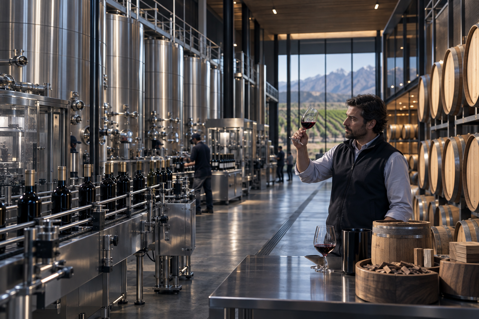 Stainless-steel tanks and a wine bottling line in a modern production facility