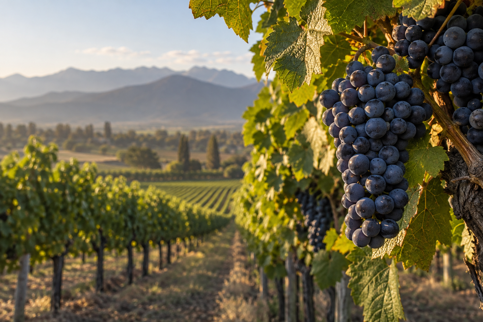Red wine grapes growing in a vineyard beneath the Chilean Andes