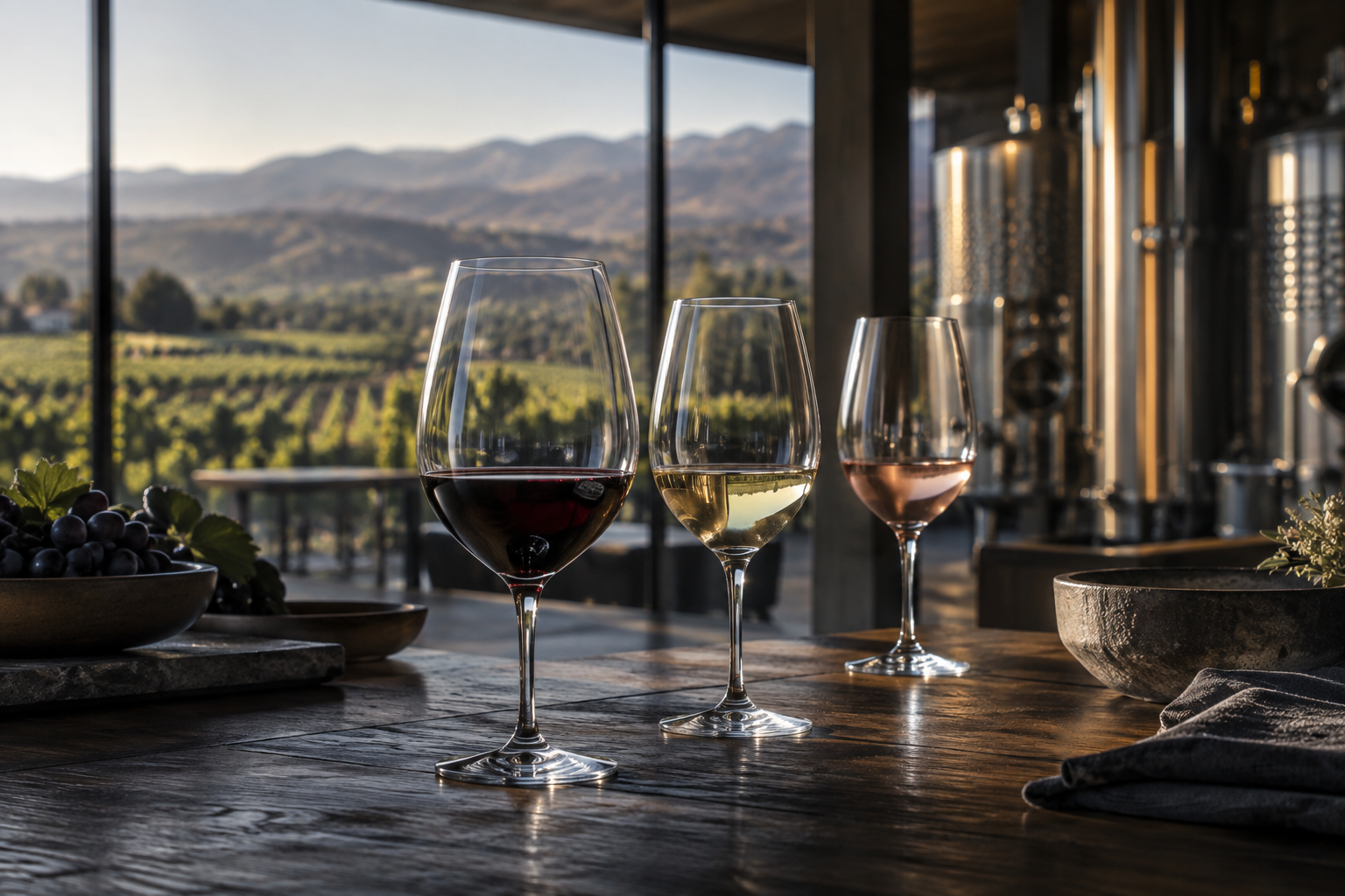 Wine tasting glasses overlooking vineyards and stainless-steel winery tanks